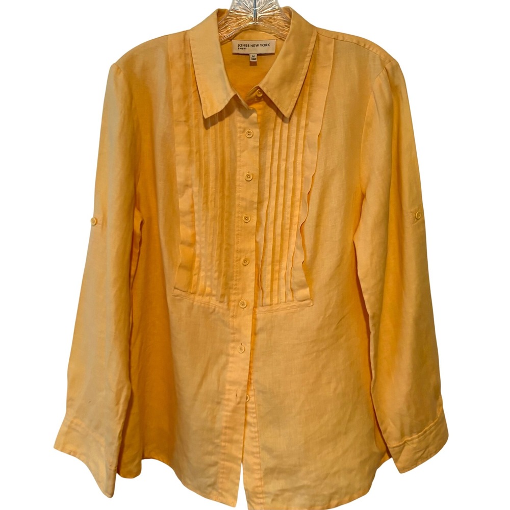 Jones‎ New York Butter Yellow Linen Pleated Front Long Sleeved Shirt in Size M